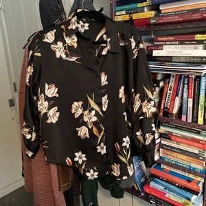 Flowery black satin blouse